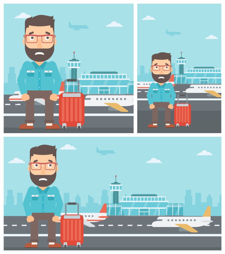 Hipster man with the beard frightened by future flight. Young man suffering from fear of flying. Phobia, fear of flying concept. Vector flat design illustration. Square, horizontal, vertical layouts.. Man suffering from fear of flying.