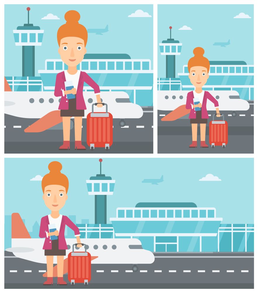 Young woman with suitcase holding a passport with ticket at the airport. Vector flat design illustration. Square, horizontal, vertical layouts.. Woman with suitcase and ticket at the airport.