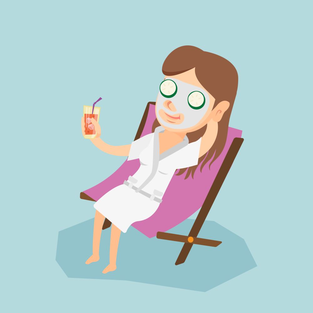 Young caucasian woman with face mask lying in chaise lounge and drinking cocktail. Happy woman relaxing in beauty salon. Woman getting beauty treatments. VVector cartoon illustration. Square layout.. Young woman getting beauty treatments in a salon.