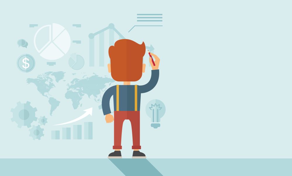 Serious, hardworking Caucasian hipster businessman standing on the right side corner, facing backward, holding a pen illustrating his marketing strategy with graphs and symbols. Leadership, reporting concept.  A contemporary style with pastel palette, soft blue tinted background.  Vector flat design illustration. Horizontal layout with a text space in right side.. Presentation Strategy