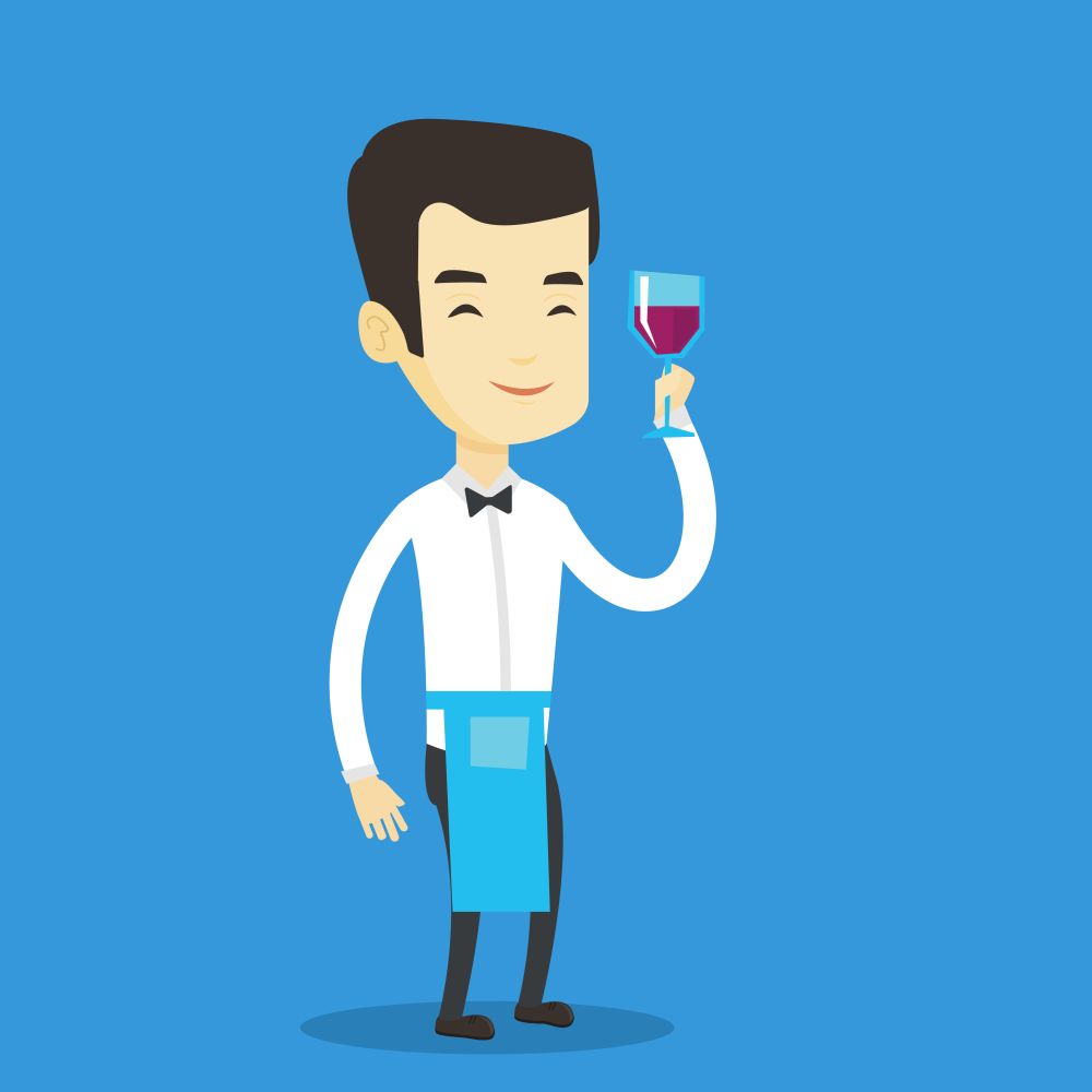 Adult bartender holding a glass of wine in hand. Bartender at work. Waiter looking at glass of red wine. Smiling bartender examining wine in glass. Vector flat design illustration. Square layout.. Bartender holding a glass of wine in hand.