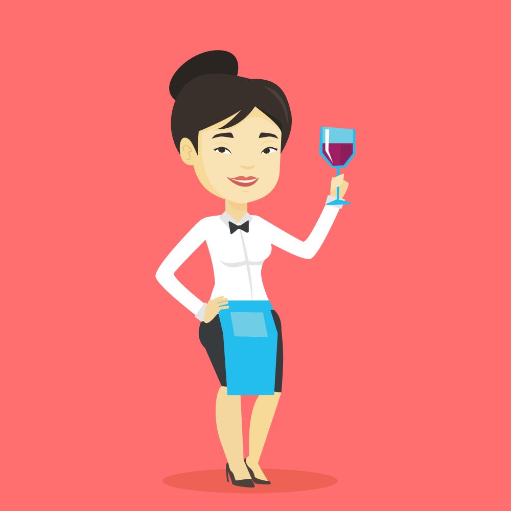 Adult bartender holding a glass of wine in hand. Bartender at work. Waitress looking at glass of red wine. Smiling bartender examining wine in glass. Vector flat design illustration. Square layout.. Bartender holding a glass of wine in hand.