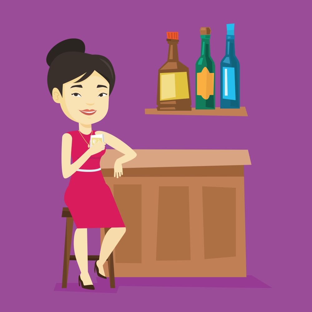 Young asian woman sitting at the bar counter. Woman sitting with glass in bar. Cheerful woman sitting alone and celebrating with an alcohol drink in bar. Vector flat design illustration. Square layout. Smiling woman sitting at the bar counter.