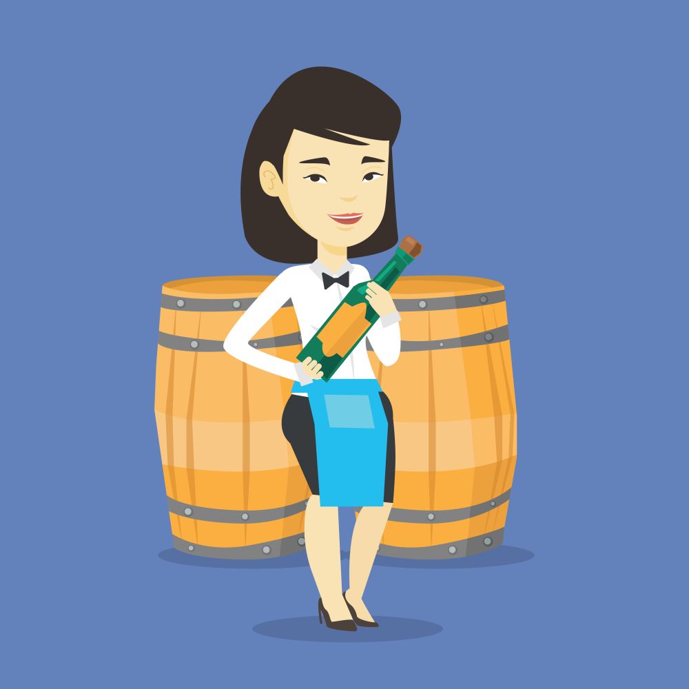 Asian waitress holding a bottle of wine. Waitress with bottle in hands standing on the background of wine barrels. Waitress presenting a wine bottle. Vector flat design illustration. Square layout.. Waitress holding bottle of alcohol.
