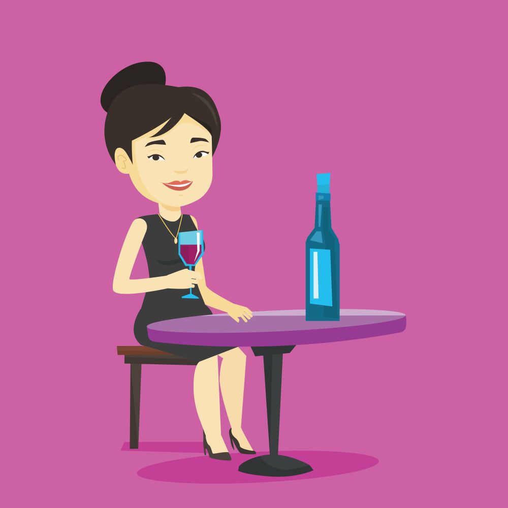 Asian woman drinking wine at restaurant. Adult woman sitting at the table with glass and bottle of wine. Cheerful woman enjoying a drink at wine bar. Vector flat design illustration. Square layout.. Woman drinking wine at restaurant.