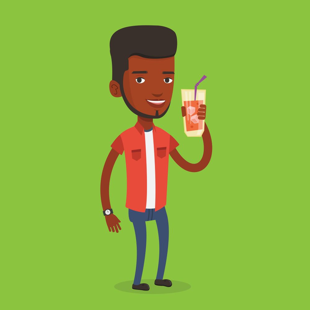 An african-american smiling man holding cocktail glass with drinking straw. Joyful man drinking a cocktail. Young happy man celebrating with a cocktail. Vector flat design illustration. Square layout.. Man drinking cocktail vector illustration.