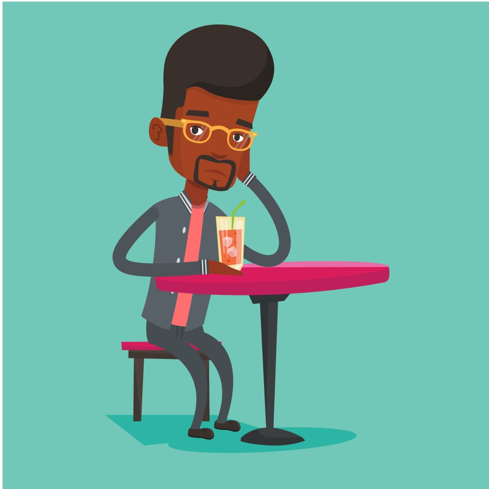 African-american man sitting in bar and drinking cocktail. Young sad man sitting alone in bar with cocktail on the table. Man drinking cocktail in bar. Vector flat design illustration. Square layout.. Man drinking cocktail at the bar.