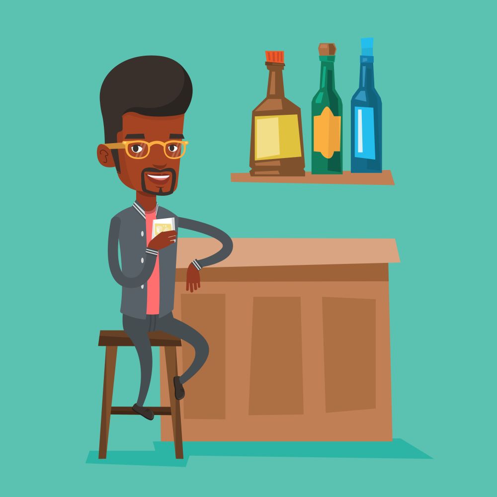 An african-american man man sitting at the bar counter. Man sitting with glass in bar. Vector flat design illustration. Square layout. Man sitting at the bar counter vector illustration