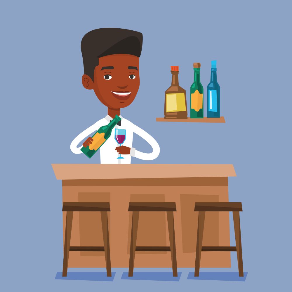 Bartender standing at the bar counter. Bartender with bottle and glass in hands. An african man bartender at work. Vector flat design illustration. Square layout.. Bartender standing at the bar counter.