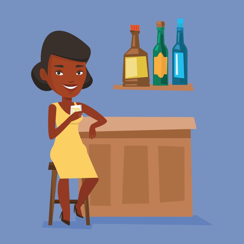 Woman sitting at the bar counter. Woman sitting with glass in bar. An african-american woman sitting alone and celebrating with an alcohol drink in bar. Vector flat design illustration. Square layout.. Woman sitting at the bar counter.