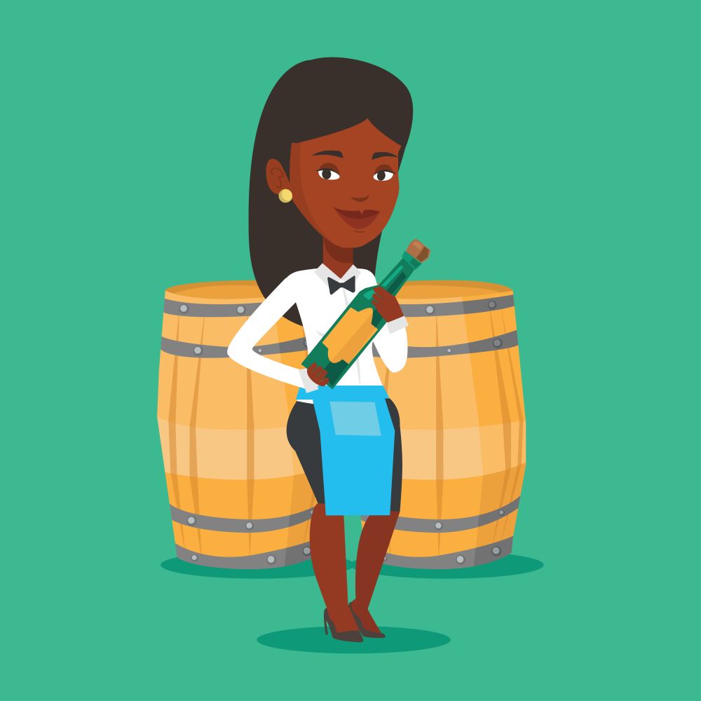 An african waitress holding bottle of wine. Waitress with bottle in hands standing on the background of wine barrels. Waitress presenting a wine bottle. Vector flat design illustration. Square layout.. Waitress holding bottle of alcohol.