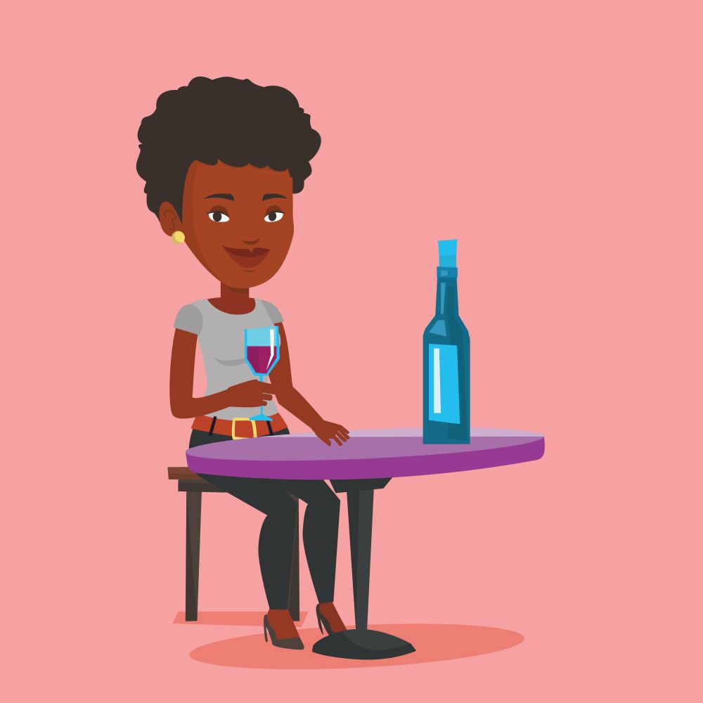 Young woman sitting at the table with glass and bottle of wine. African-american woman drinking wine at restaurant. Woman enjoying a drink at wine bar. Vector flat design illustration. Square layout.. Woman drinking wine at restaurant.