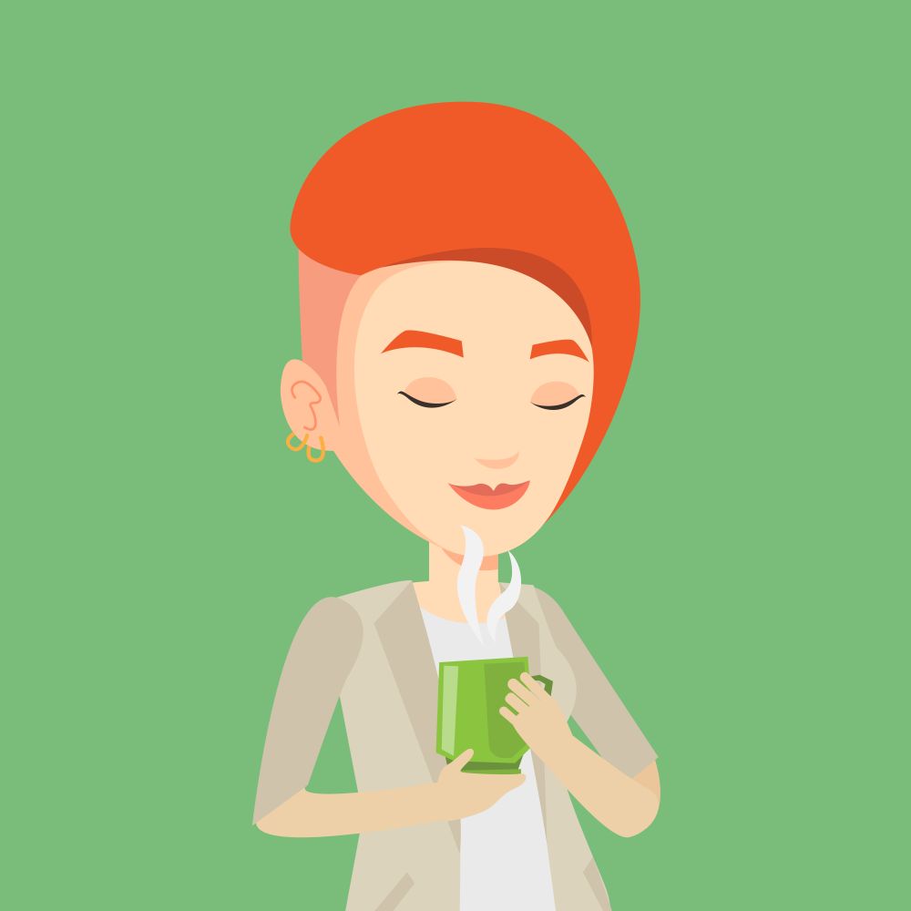 Caucasian happy woman drinking hot flavored coffee. Young smiling woman holding cup of coffee with steam. Woman with her eyes closed enjoying coffee. Vector flat design illustration. Square layout.. Woman enjoying cup of coffee vector illustration