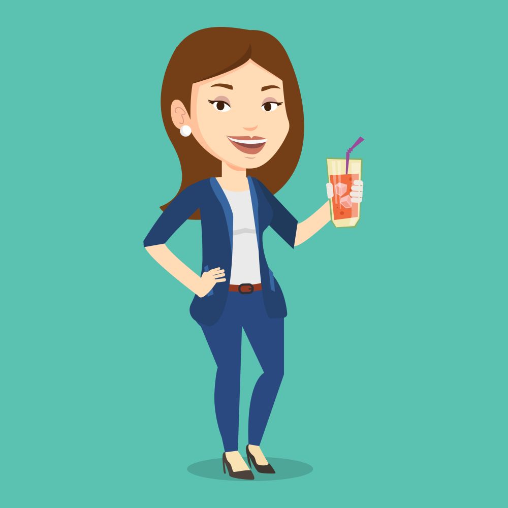 Caucasian smiling woman holding cocktail glass with drinking straw. Joyful woman drinking a cocktail. Young happy woman celebrating with a cocktail. Vector flat design illustration. Square layout.. Woman drinking cocktail vector illustration.