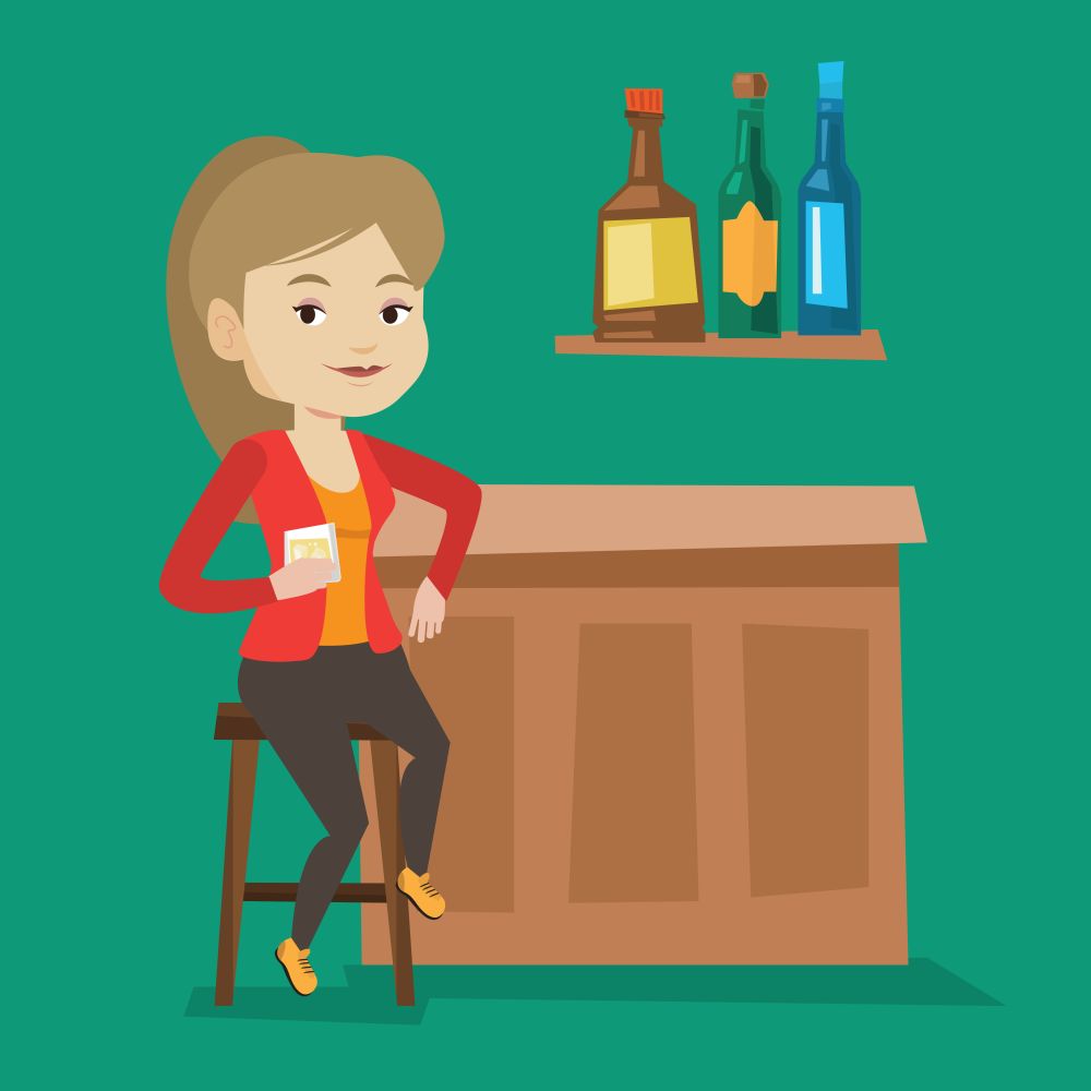 Young happy woman sitting at the bar counter. Woman sitting with glass in bar. Cheerful woman sitting alone and celebrating with an alcohol drink in bar. Vector flat design illustration. Square layout. Woman sitting at the bar counter.