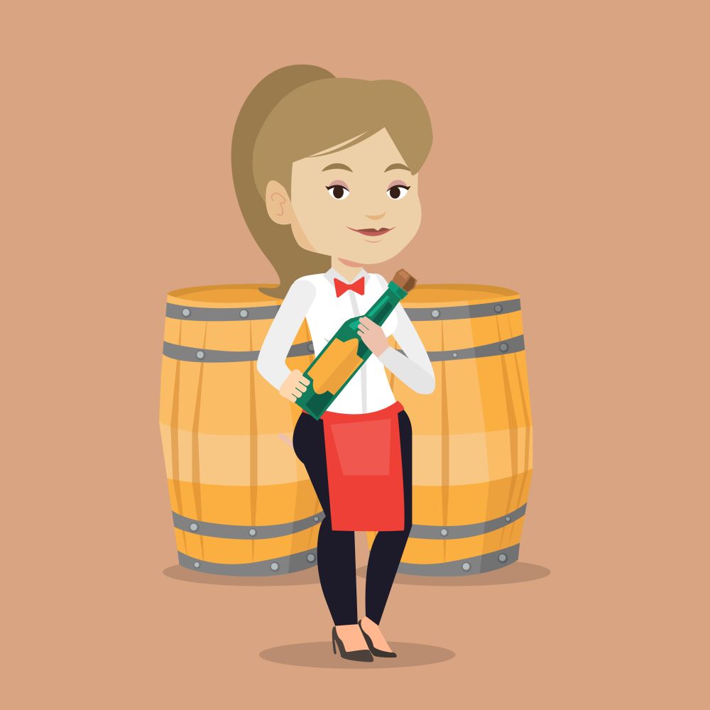 Caucasian waitress holding a bottle of wine. Waitress with bottle in hands standing on the background of wine barrels. Waitress presenting a wine bottle. Vector flat design illustration. Square layout. Waitress holding bottle of alcohol.