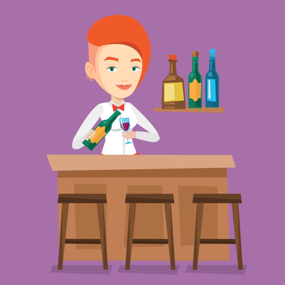 Young bartender standing at the bar counter. Bartender with bottle and glass in hands. Bartender pouring wine in a glass. Vector flat design illustration. Square layout.. Bartender standing at the bar counter.