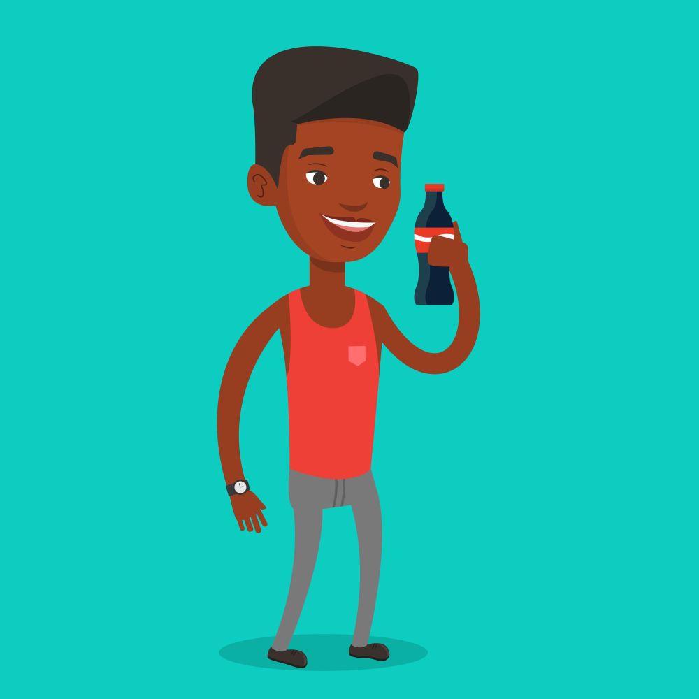 African-american man holding fresh soda beverage at glass bottle. Young man standing with bottle of soda. Cheerful man drinking brown soda from bottle. Vector flat design illustration. Square layout.. Young man drinking soda vector illustration.