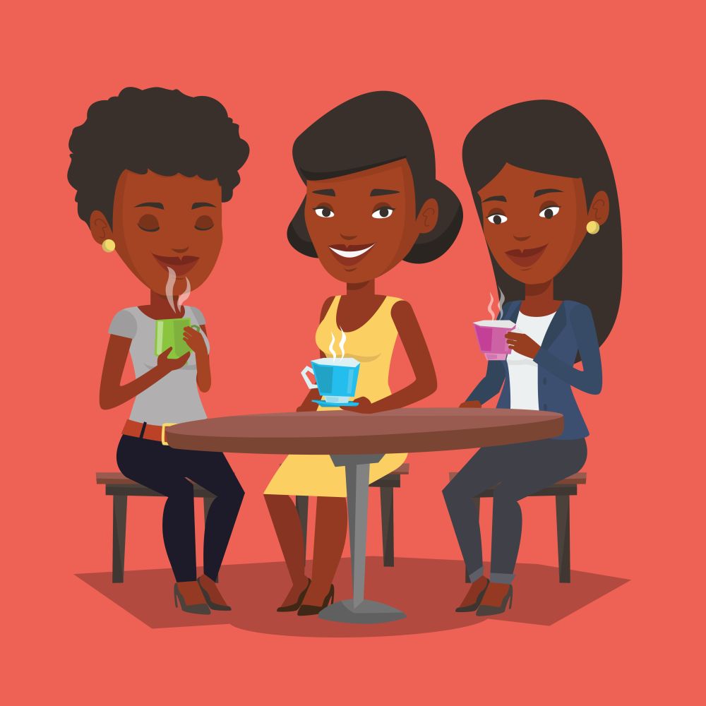 Group of young african-american friends drinking hot and alcoholic drinks. Three smiling friends hanging out together in cafe. Friends relaxing in cafe. Vector flat design illustration. Square layout.. Group of women drinking hot and alcoholic drinks.