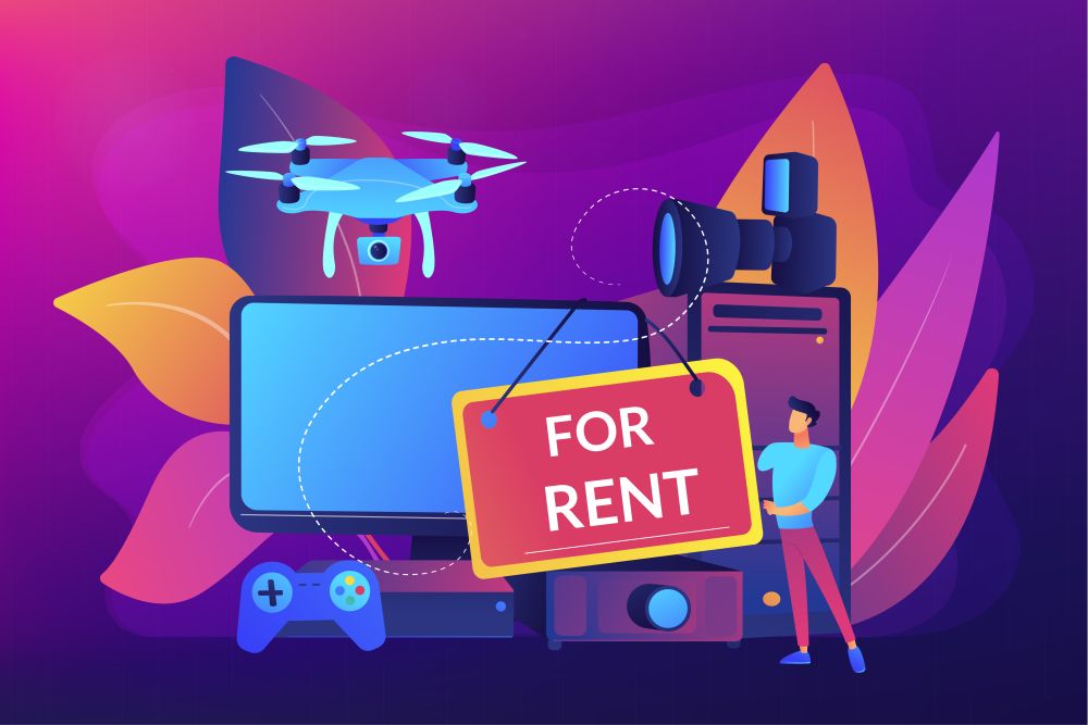Man selling computer, lending portable gadgets. Renting electronic device, terms of using rental electronics, test equipment lease concept. Bright vibrant violet vector isolated illustration