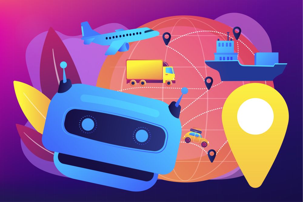 Artificial intelligence delivery, logistics and distribution. AI in travel and transportation, AI travel recommendations, AI smart booking concept. Bright vibrant violet vector isolated illustration