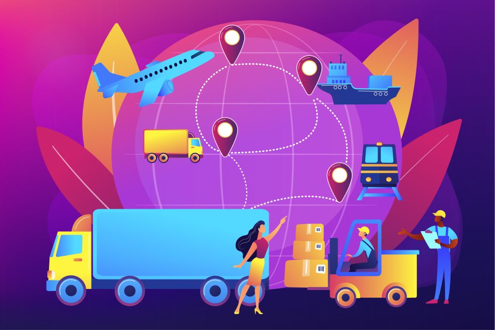Warehouse worker transporting goods. Freight shipping types. Business logistics, smart logistics technologies, commercial delivery service concept. Bright vibrant violet vector isolated illustration