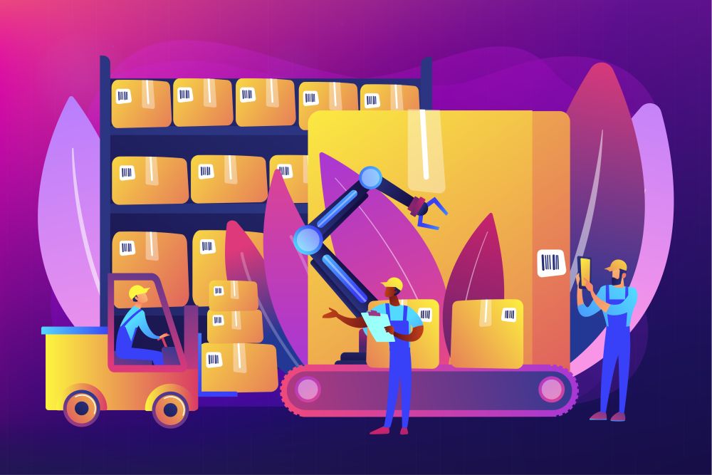 Storehouse employees working, transporting goods boxes. Warehouse logistics, RFID technology use, automation storage service concept. Bright vibrant violet vector isolated illustration