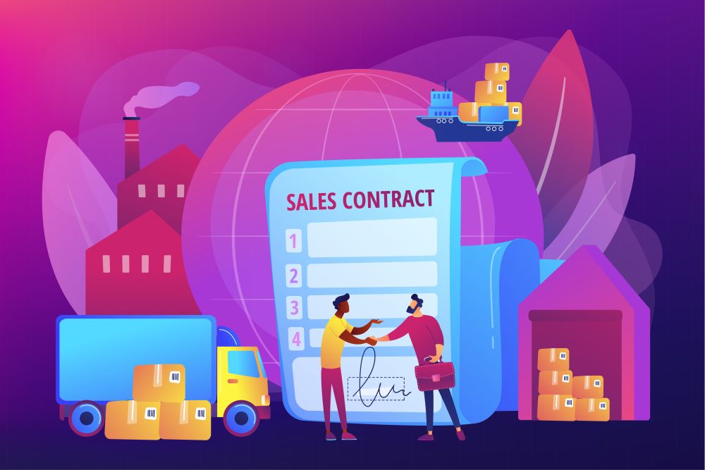 International business partnership, global trade. Sales contract terms, Incoterms terms, international trading regulations concept. Bright vibrant violet vector isolated illustration