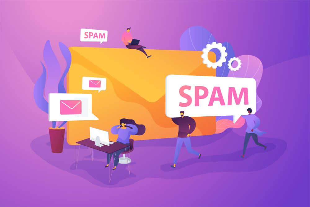 Spam, unsolicited messages, malware spreading concept. Vector isolated concept illustration with tiny people and floral elements. Hero image for website.. Spam concept vector illustration.