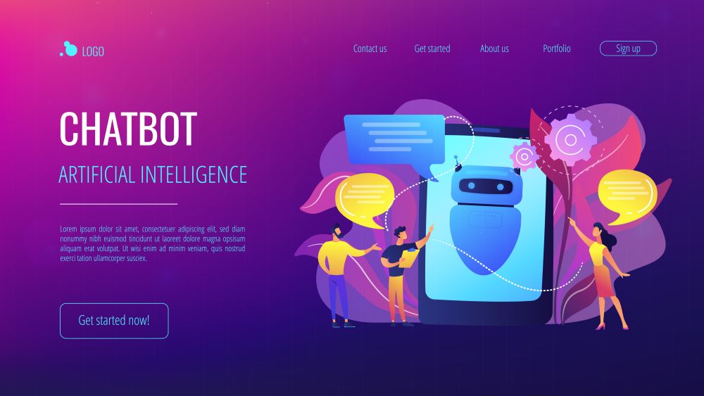 Business people communicate with chatbot application. Chatbot artificial intelligence, talkbots service, interactive agent support concept. Website vibrant violet landing web page template.. Chatbot AIconcept landing page.