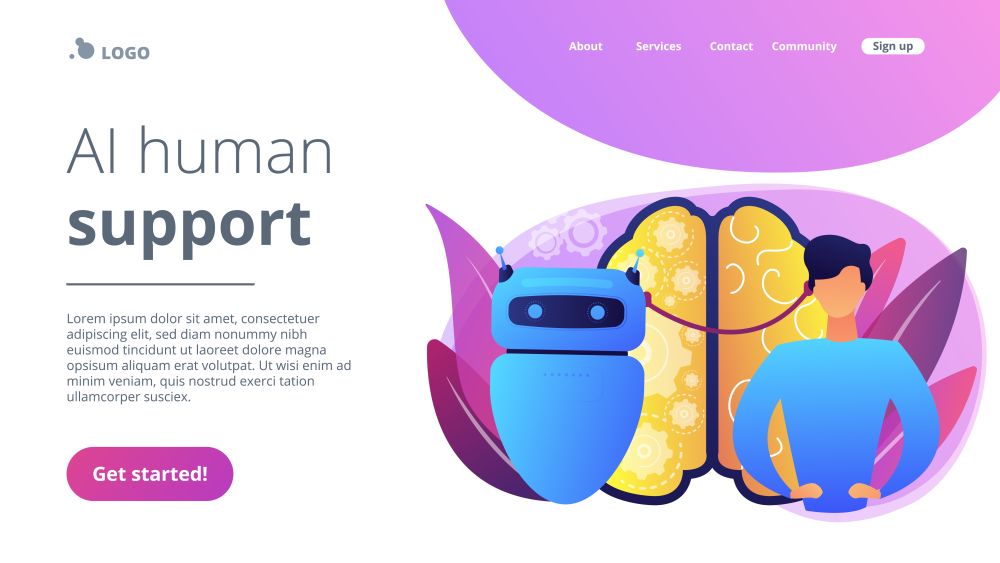 Modern robot intelligence and human brain connected. Augmented intelligence, human intelligence enhance, AI human support concept. Website vibrant violet landing web page template.. Augmented intelligence concept landing page.