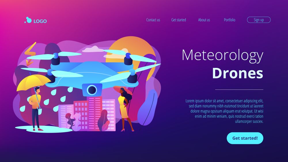 Drone over the city collecting meteorological data. Meteorology drones, meteorological data collection, accurate weather prediction concept. Website vibrant violet landing web page template.. Meteorology drones concept landing page.