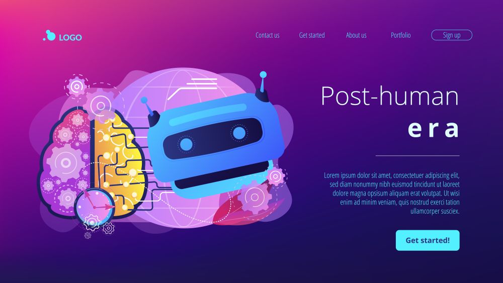 Advanced, futuristic artificial intelligence. Deep learning algorithm. Technological singularity, technological growth, post-human era concept. Website homepage landing web page template.. Technological singularity concept landing page