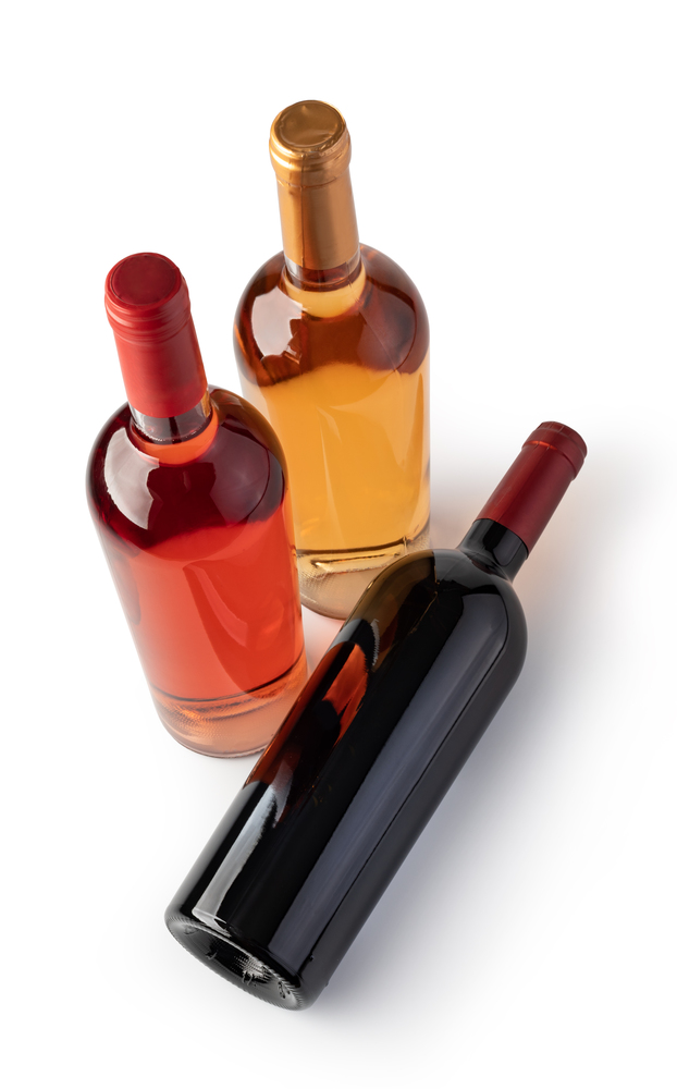 White, Rose, And Red Wine Bottles. Isolated On White Background. Wine Bottles On a White Background