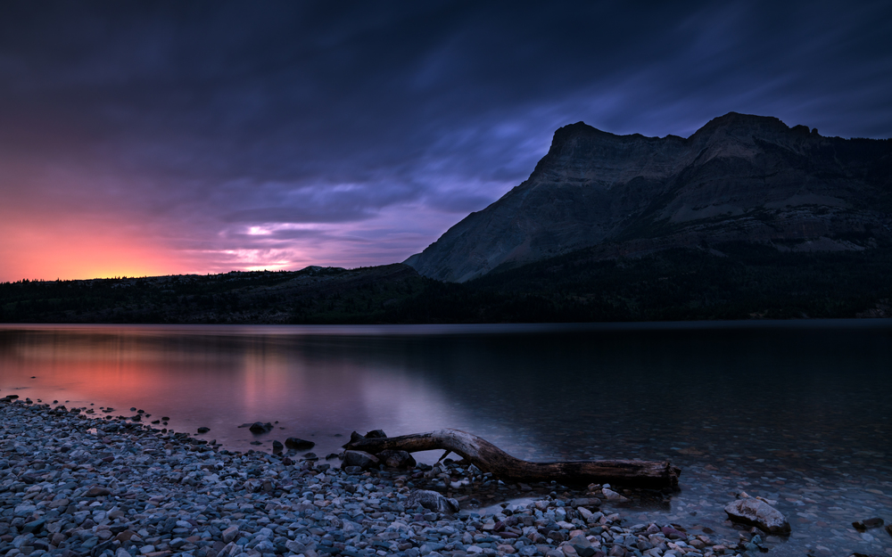 Panoramic image of the Waterton Lake at sunrise, Waterton Lakes National Park, Alberta, Canada