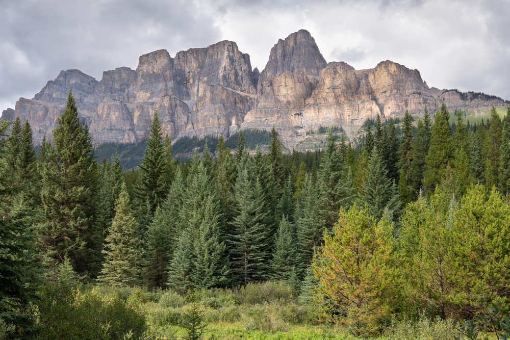 Panoramic image of Castle Mountain under cloudy sky, Bow Valley Parkway, Banff National Park, Alberta, Canada
