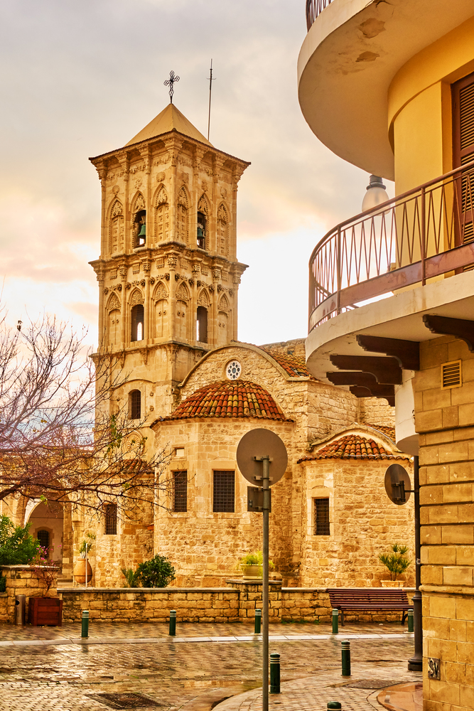 Street in Larnaca and Church of Saint Lazarus, Cyprus