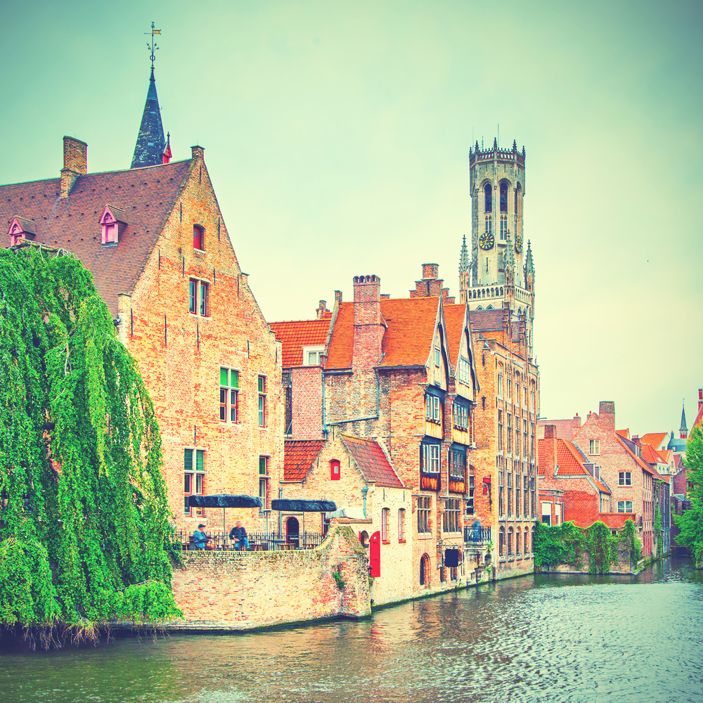 Quay of the Rosary (Rozenhoedkaai) in Bruges, Belgium. Vintage styole toned