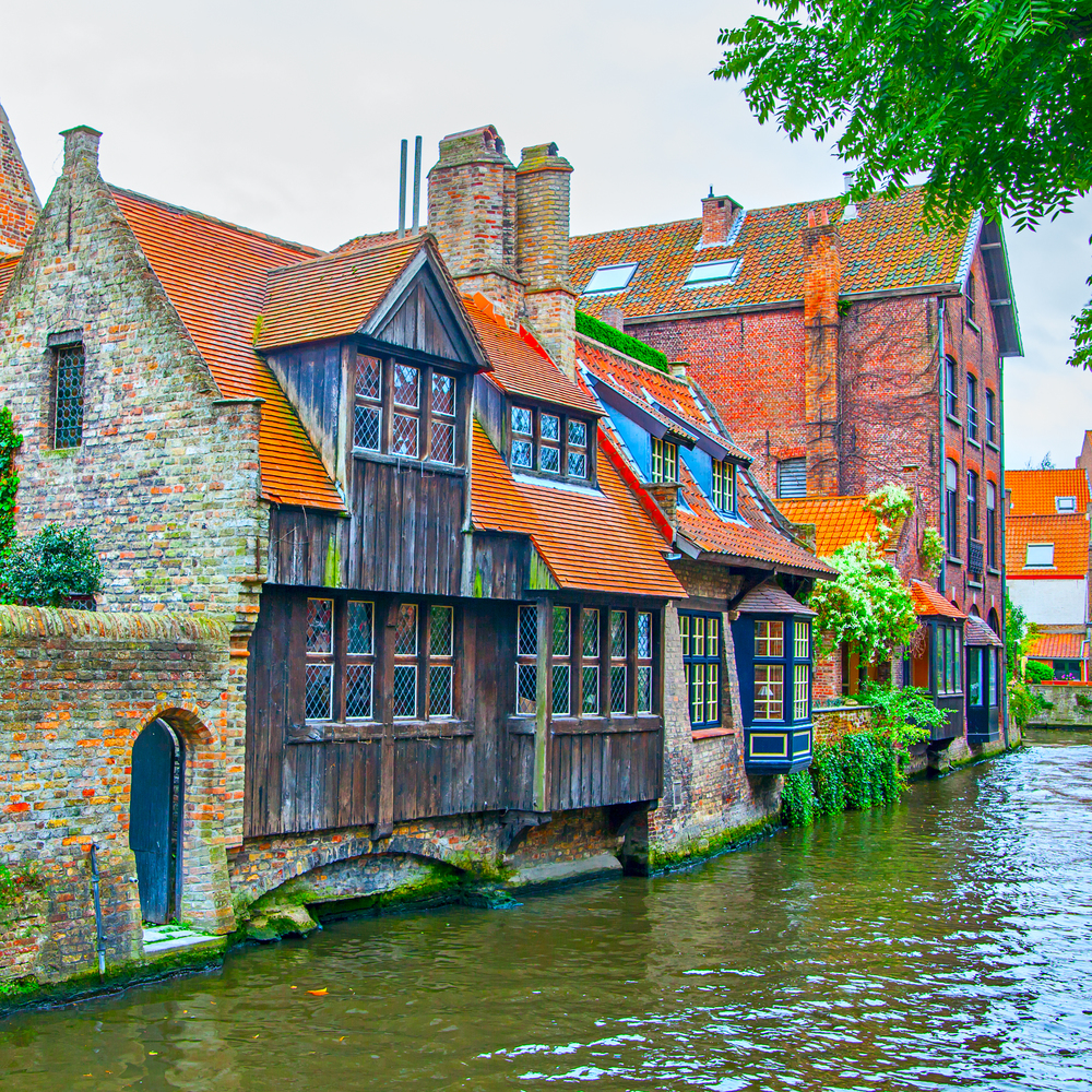 Medieval houses by canal in Bruges (Brugge), Belgium