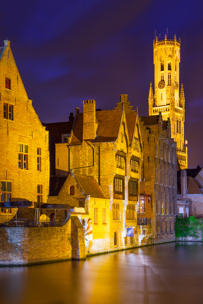 Quay of the Rosary in Bruges at night, Belgium