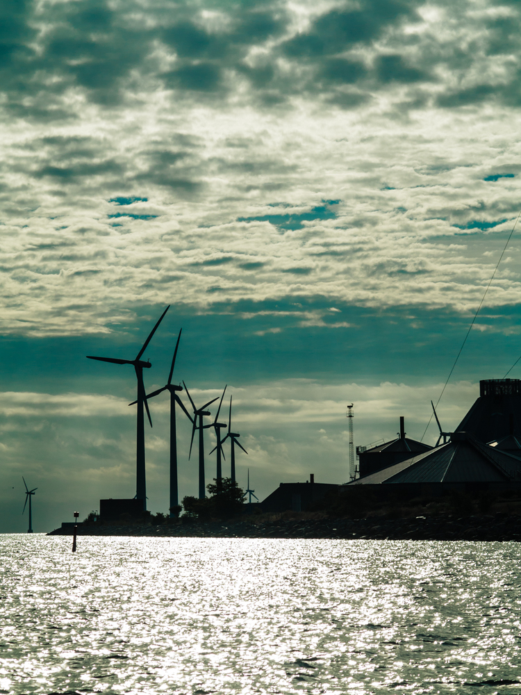 Wind turbines generator farm for renewable sustainable and alternative energy production along coast baltic sea near Denmark. Eco power, ecology.. Wind turbines power generator farm along coast sea