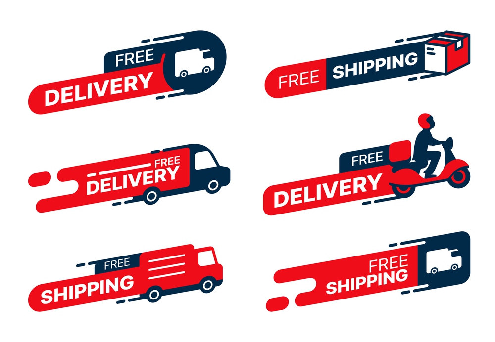 Free delivery icons, fast shipping and courier service labels, vector truck cargo tags. Free delivery stickers with parcel box on express order car of food van and scooter with free delivery package. Free delivery icons, fast shipping courier service