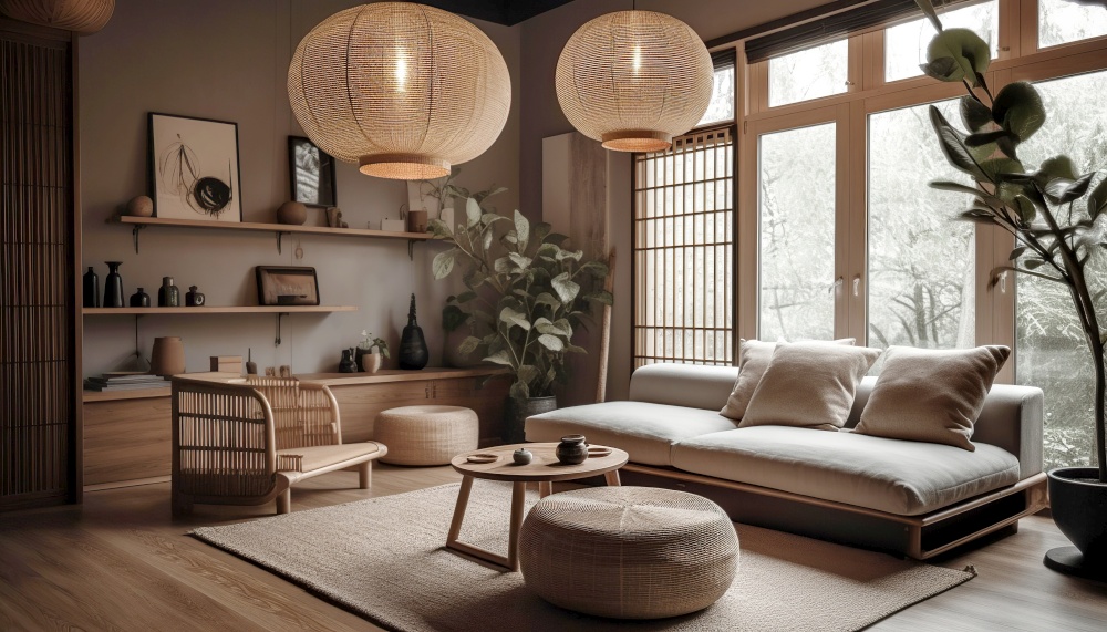 Japandi interior design of modern living room. Created with generative Ai technology.