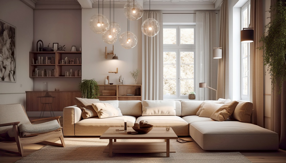 Scandinavian interior design of modern living room. Created with generative Ai technology.