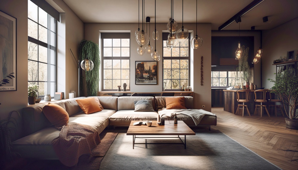 Interior design of modern living room. Created with generative Ai technology.
