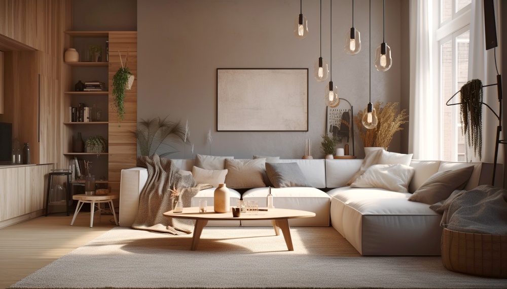 Interior design of scandinavian living room with white sofa, Created with generative Ai technology.