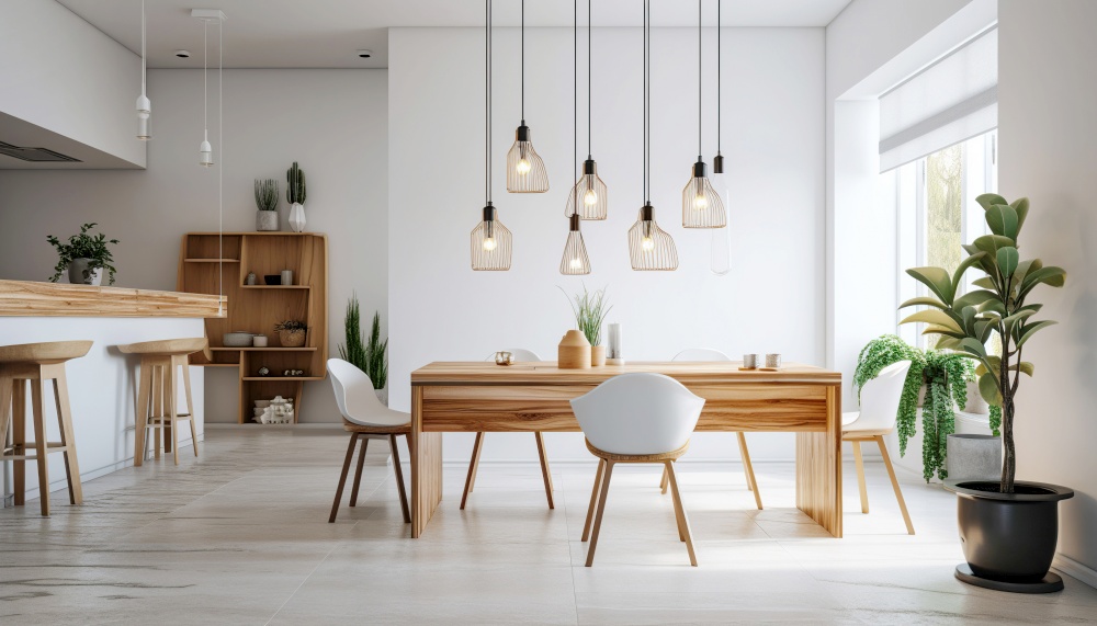 Scandinavian interior design of modern dining room. Created with generative Ai technology.