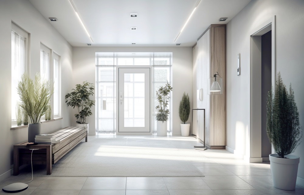 Interior design of modern white entrance hall with door. Created with generative Ai technology.