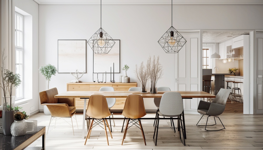 Interior design of scandinavian dining room. Created with generative Ai technology.