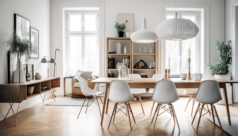 Interior design of scandinavian dining room. Created with generative Ai technology.
